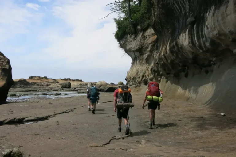 Backpackers trek along a sandstone shelf on the West Coast Trail.