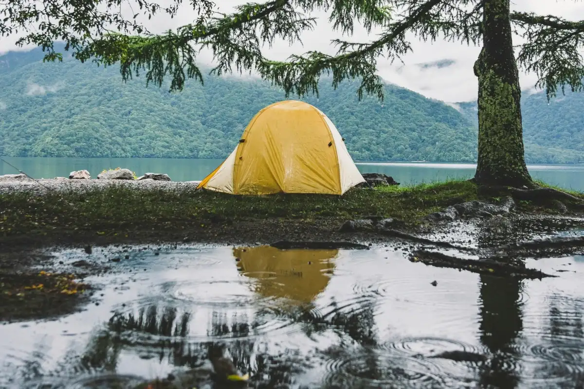 A wet yellow tent sits on a patch of grass with a puddle in the foreground.