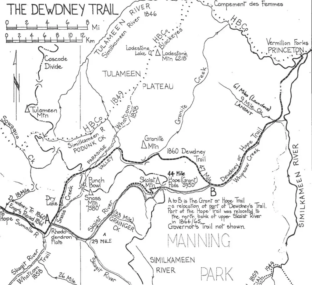 A hand drawn map shows old trails in the country between Hope and Princeton, BC.