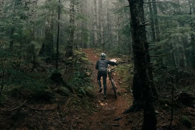 A mountain biker pushes his bike up a trail in a foggy forest.