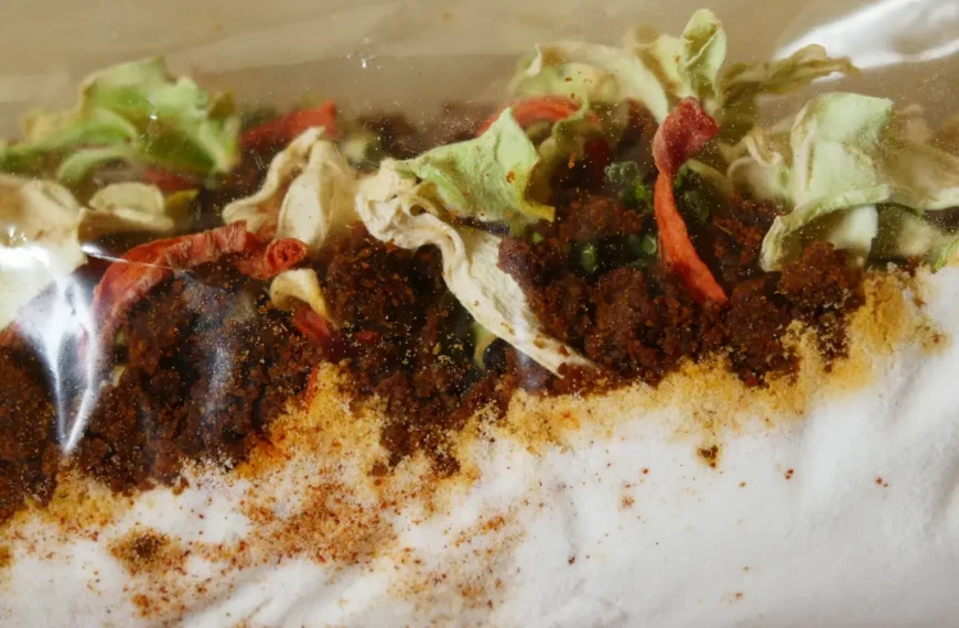 Dehydrated curry soup in a plastic bag.