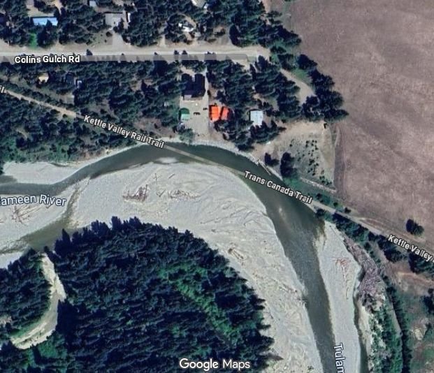 A damaged section of the Ketle Valley Rail Trail is seen on satellite imagery.