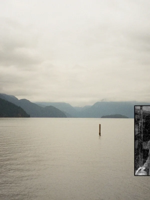 A view of Pitt Lake and low cloud overlaid with an image of Volcanic Brown.