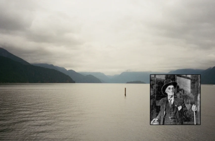 A view of Pitt Lake and low cloud overlaid with an image of Volcanic Brown.