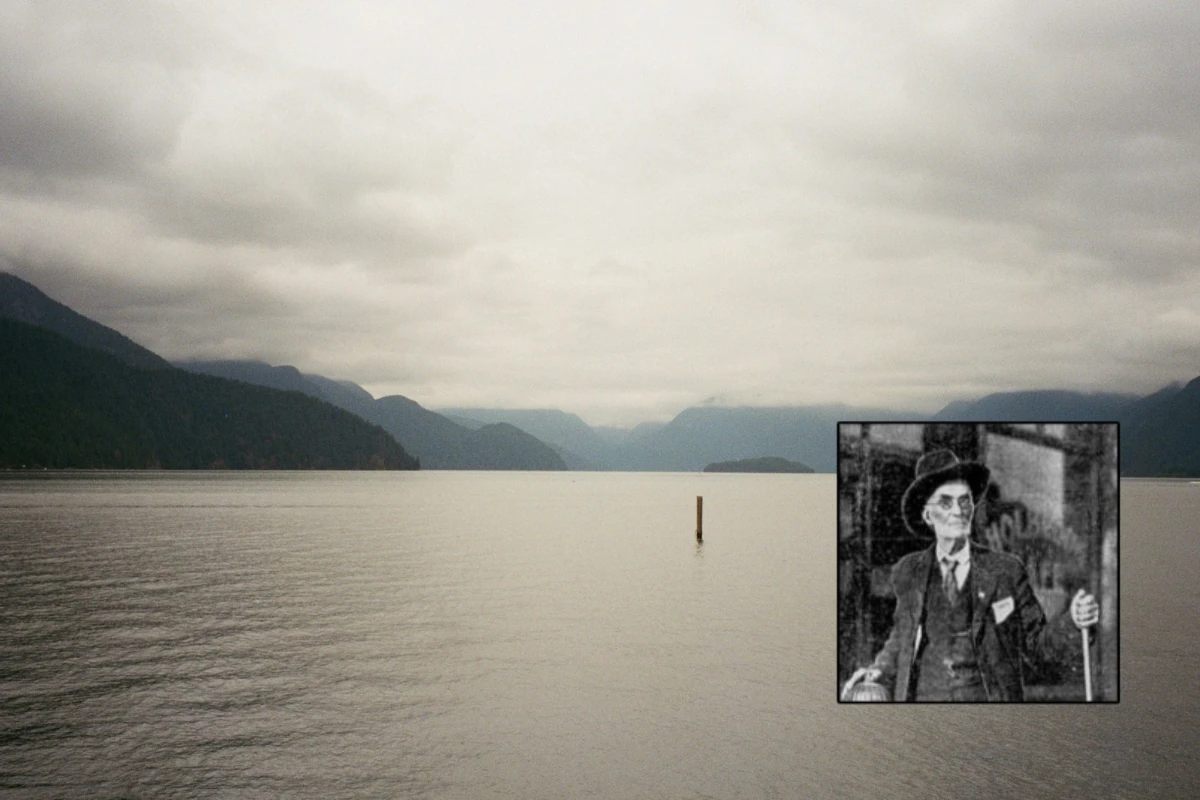 A view of Pitt Lake and low cloud overlaid with an image of Volcanic Brown.