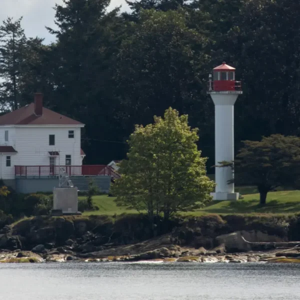 Active Pass Lighthouse on Mayne Island, as seen from the water