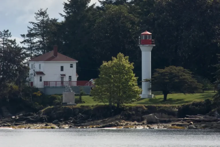 Active Pass Lighthouse on Mayne Island, as seen from the water