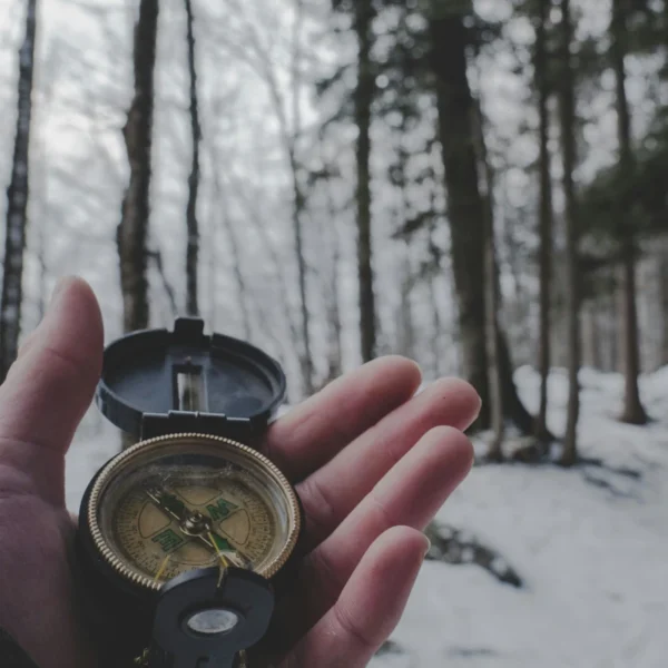 Someone holds a compass up in a snowy forest.