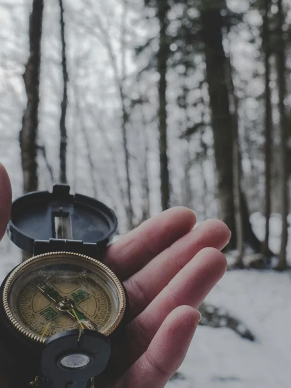 Someone holds a compass up in a snowy forest.