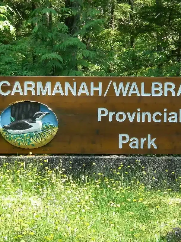 A photo of Carmanah Walbran Provincial Park sign.