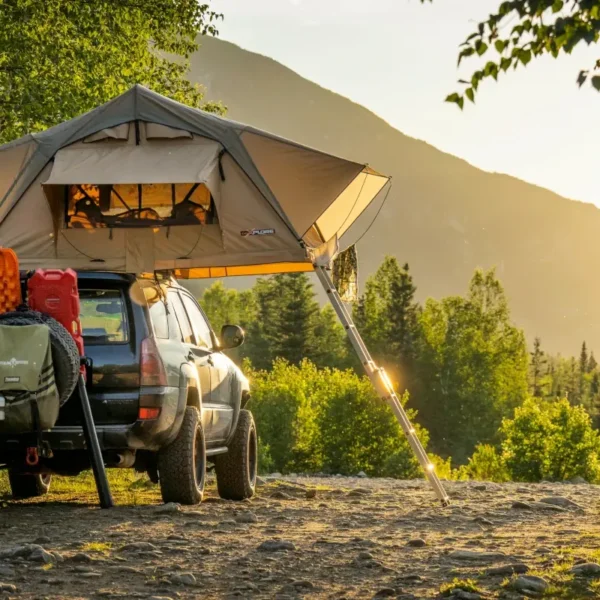 A vehicle with a rooftop tent camps on a industry road.
