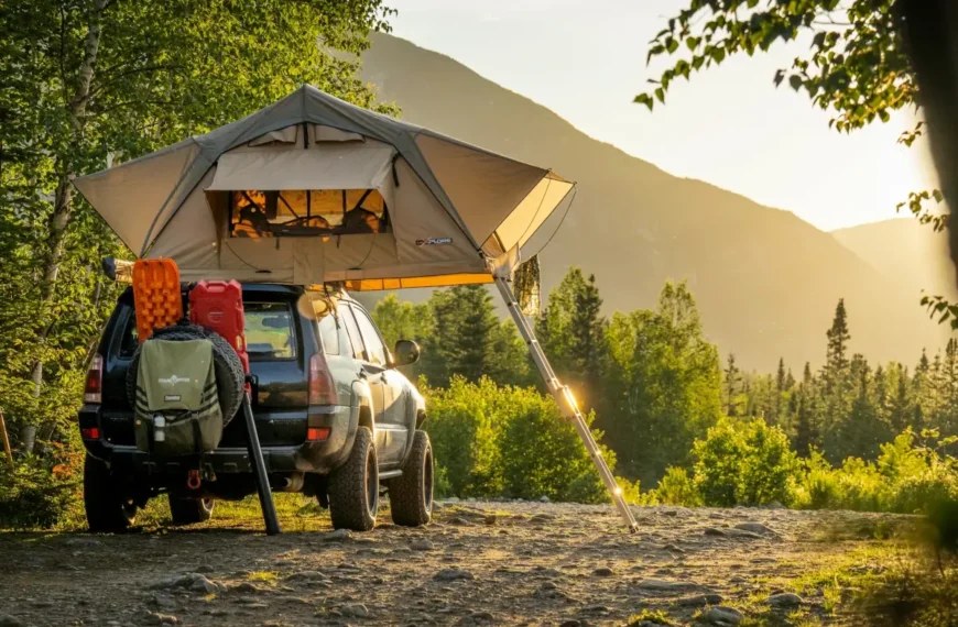 A vehicle with a rooftop tent camps on a industry road.