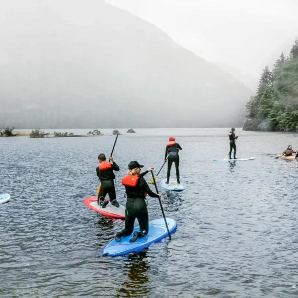 Paddleboarders wearing PFDs paddle on a cloudy lake.