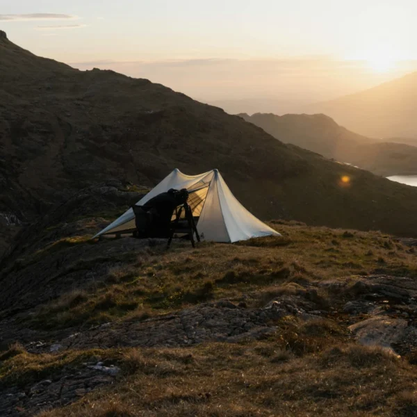 A Durston ultralight tent is set up on a mountain.