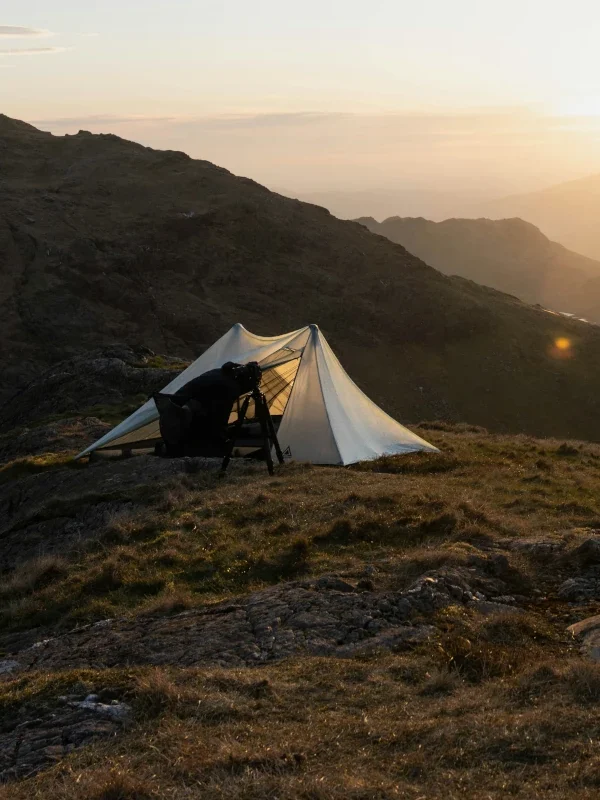 A Durston ultralight tent is set up on a mountain.