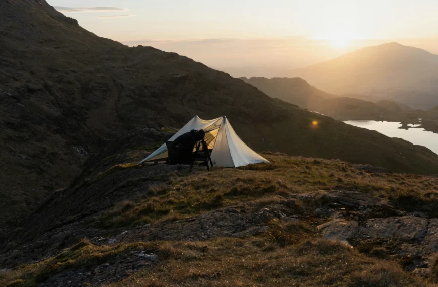 A Durston ultralight tent is set up on a mountain.
