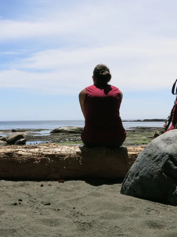 A woman sits by the ocean on a log with a backpack beside her.