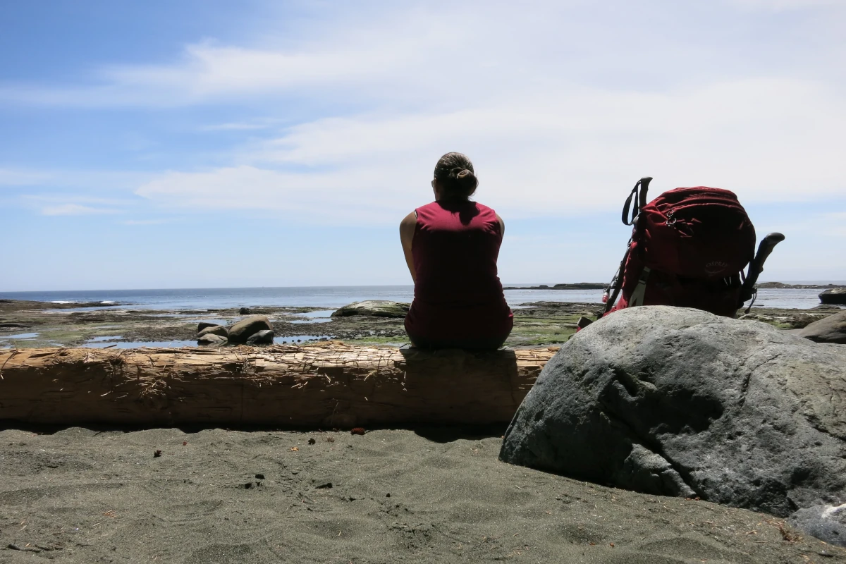 A woman sits by the ocean on a log with a backpack beside her.
