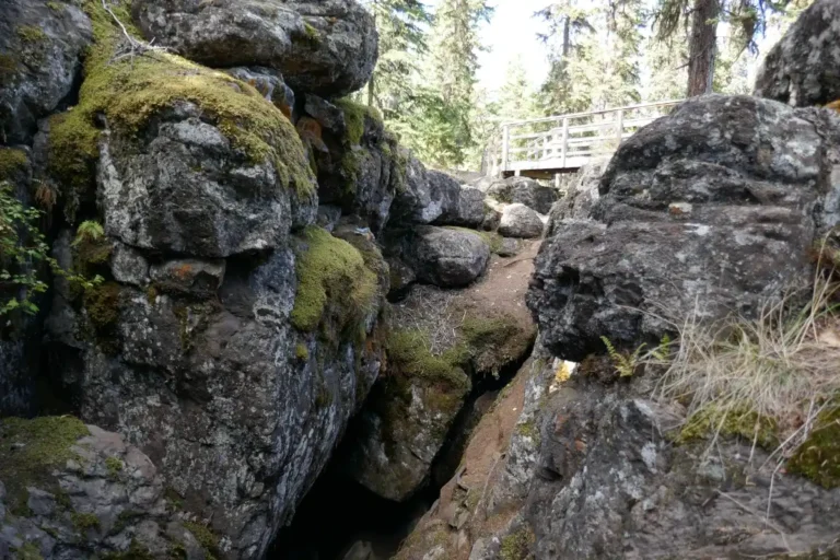 A cave is seen below a view platform at the Bridge Lake Ice Caves.